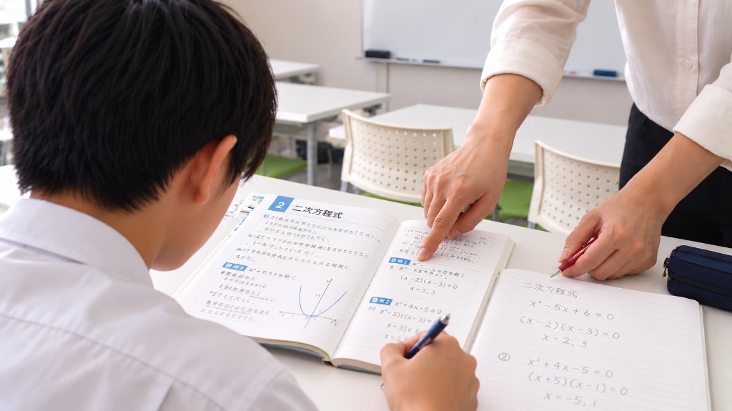 生徒に二次方程式の解き方を指さして説明している